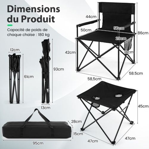 Lot De 2 Chaises De Camping Pliante Charge 180 Kg Table D'appoint Porte-gobelets Poch