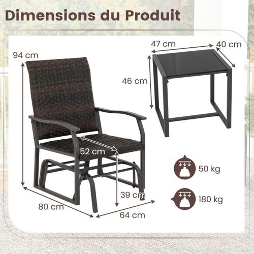 Meubles 3 Pièces De Patio Coulissants Charge 180 Kg Salon De Jardin 2 Fauteuils En Ro
