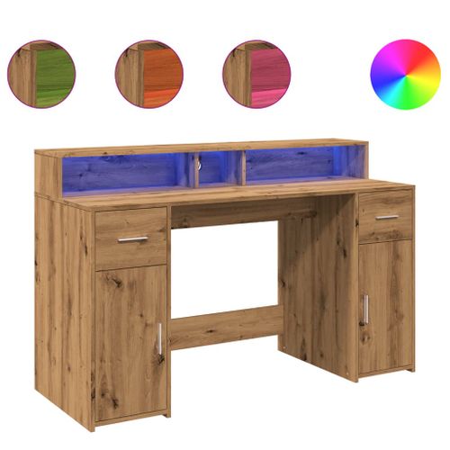 Bureau Table Poste De Travail Meuble D'ordinateur Informatique Étude Avec Lumières LED Chêne