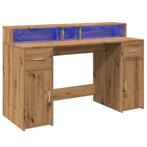 Bureau Table Poste De Travail Meuble D'ordinateur Informatique Étude Avec Lumières LED Chêne