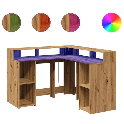 Bureau Table Poste De Travail Meuble D'ordinateur Informatique Étude Avec Lumières LED Chêne