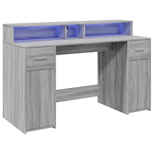 Bureau Table Poste De Travail Meuble D'ordinateur Informatique Étude Et Lumières LED Sonoma