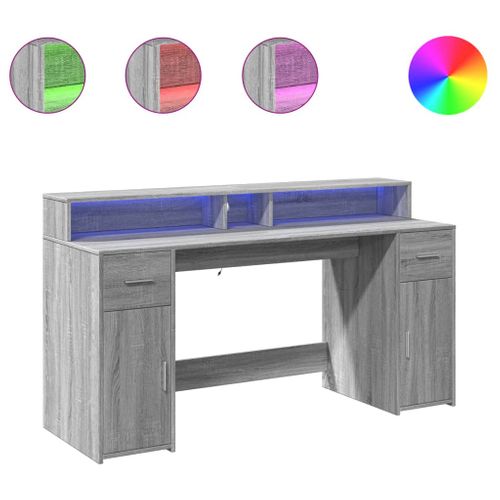 Bureau Table Poste De Travail Meuble D'ordinateur Informatique Étude Et Lumières LED Sonoma