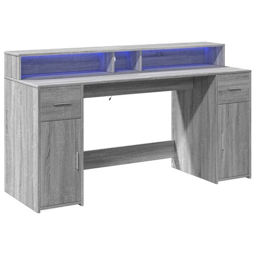 Bureau Table Poste De Travail Meuble D'ordinateur Informatique Étude Et Lumières LED Sonoma