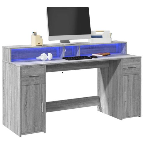 Bureau Table Poste De Travail Meuble D'ordinateur Informatique Étude Et Lumières LED Sonoma