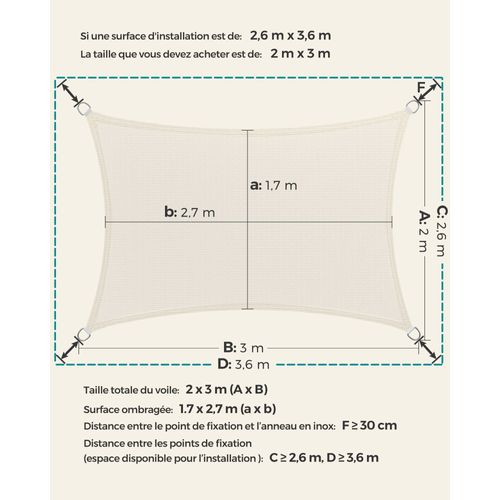 Voile D'ombrage 2 X 3 M Toile Tendu En Hdpe Protection Salaire Extérieure Respirant