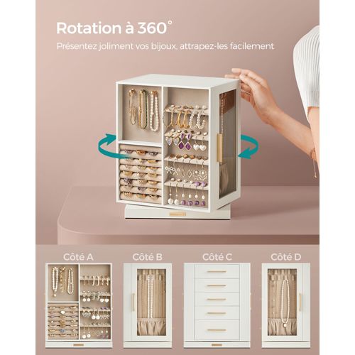 Boîte à Bijoux Rotative à 360° Coffret à Bijoux Avec 5 Tiroirs Fenêtres En Verre Laté