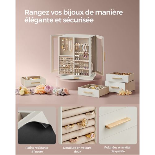 Boîte à Bijoux Rotative à 360° Coffret à Bijoux Avec 5 Tiroirs Fenêtres En Verre Laté