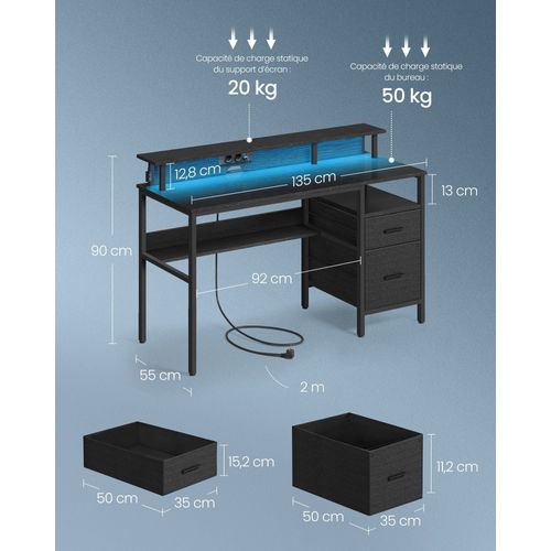 Bureau Gaming Avec Lumières LED Et Multiprise 55 X 135 X 90 Cm Bureau Informatique Av