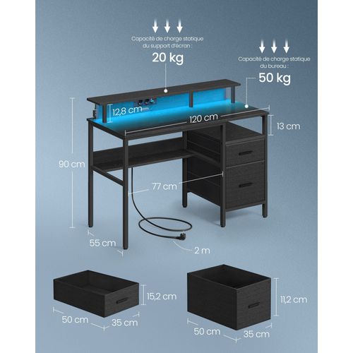 Bureau Gaming Avec Lumières LED Et Multiprise Bureau Informatique Avec Support D'écran