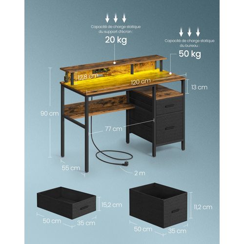 Bureau Gaming Avec Lumières LED Et Multiprise Bureau Informatique Avec Support D'écra