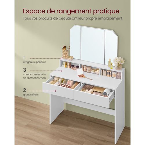 Coiffeuse Avec Miroir Pliable Table De Maquillage Avec 2 Tiroirs Et 3 Compartiments D