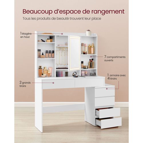 Coiffeuse Grand Miroir LED à Luminosité Réglable Table De Maquillage Avec Miroir Comp