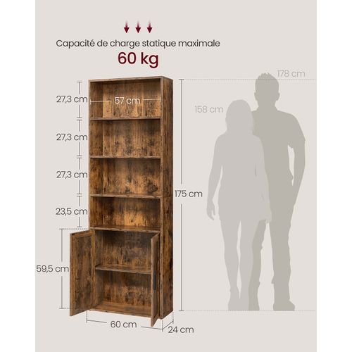 Bibliothèque Étagère Haute Sur 6 Niveaux Avec Porte Meuble De Rangement Ouvert 24 X 3