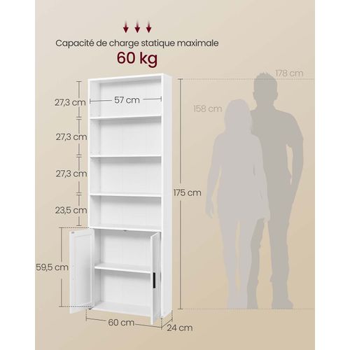 Bibliothèque Étagère Haute Sur 6 Niveaux Avec Porte Meuble De Rangement Ouvert 24 X 6