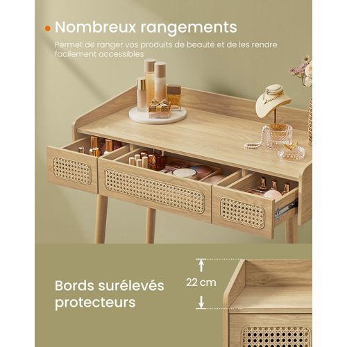 Coiffeuse Avec Miroir Et Lumière Table De Maquillage 3 Tiroirs Imitation Rotin Lumièr