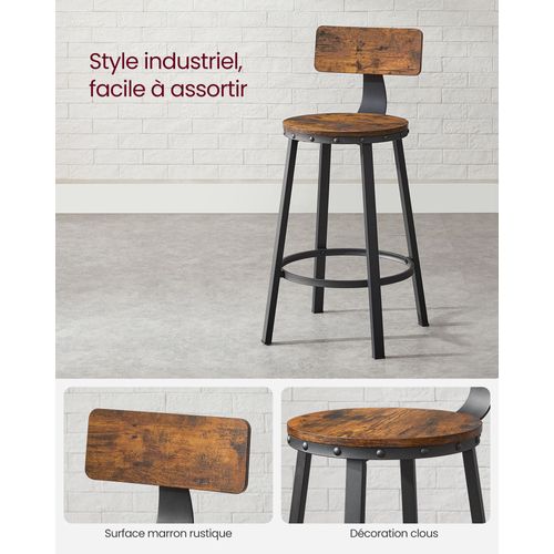 Lot De 2 Chaises De Bar Tabourets Hauts Avec Dossier Siège De Cuisine Cadre En Acier