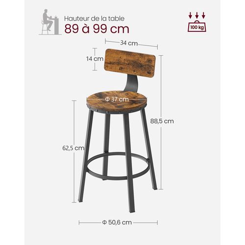 Lot De 2 Chaises De Bar Tabourets Hauts Avec Dossier Siège De Cuisine Cadre En Acier