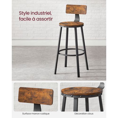 Lot De 2 Chaises De Bar Tabourets Hauts Avec Dossier Siège De Cuisine Cadre En Acier