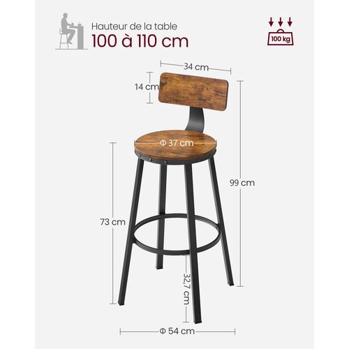 Lot De 2 Chaises De Bar Tabourets Hauts Avec Dossier Siège De Cuisine Cadre En Acier
