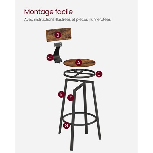 Lot De 2 Chaises De Bar Tabourets Hauts Avec Dossier Siège De Cuisine Cadre En Acier