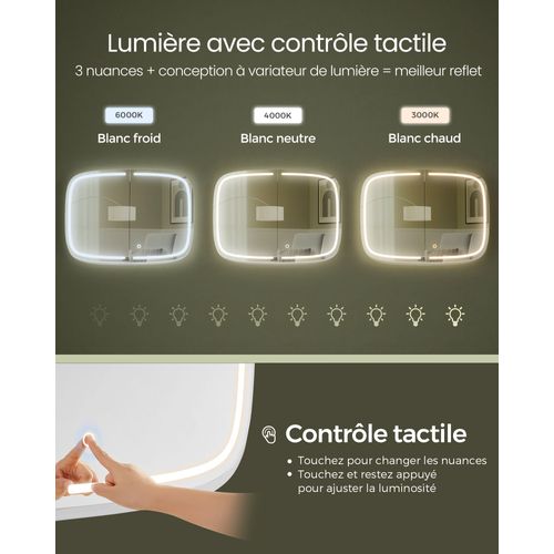 Miroir Salle De Bain Avec Éclairage Armoire De Toilette Avec 2 Prises Ac 2 Prises USB