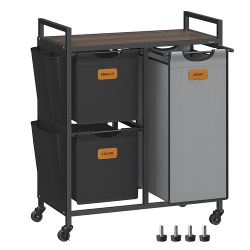 Panier à Linge 3 Compartiments 68,6 X 33 X 80,5 Cm Corbeille 100 Litres Bac Roulettes