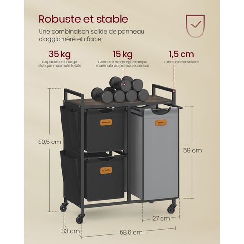 Panier à Linge 3 Compartiments 68,6 X 33 X 80,5 Cm Corbeille 100 Litres Bac Roulettes