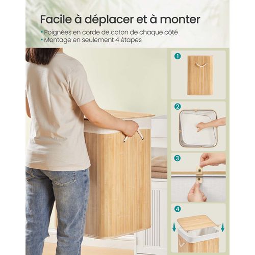Panier à Linge 95 Litres Corbeille Linge Sale Couvercle En Bambou Poignées Pliable Sa