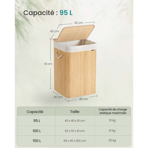 Panier à Linge 95 Litres Corbeille Linge Sale Couvercle En Bambou Poignées Pliable Sa