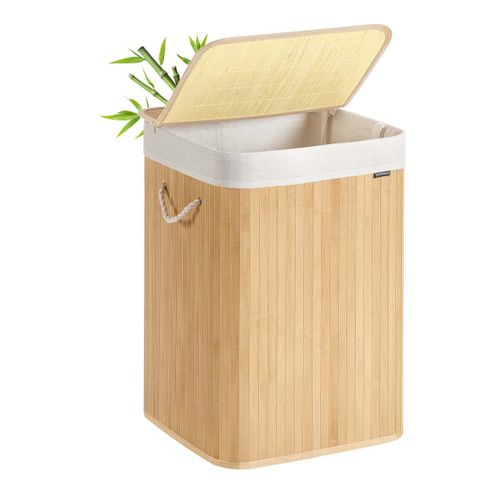 Panier à Linge 95 Litres Corbeille Linge Sale Couvercle En Bambou Poignées Pliable Sa