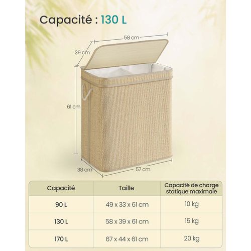 Panier à Linge En Bambou Corbeille à Linge Sale 90 Litres Sac Amovible Et Lavable En