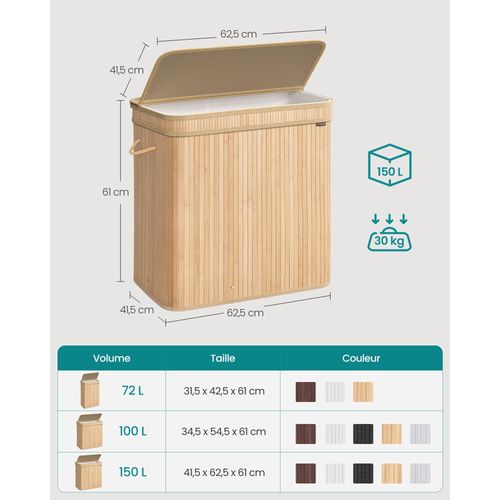 Panier à Linge Sale Avec Couvercle 41,5 X 62,5 X 61 Cm Corbeille Linge Sale En Bambou