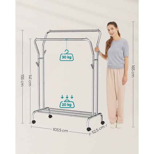 Portant à Vêtements Avec Roulettes Double Barre Porte-manteau En Acier Charge 100 Kg