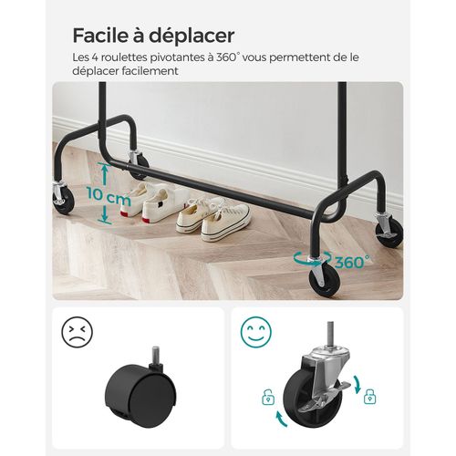 Portant à Vêtements Charge Max 130 Kg Télescopique Réglable Avec Roulettes Mètal