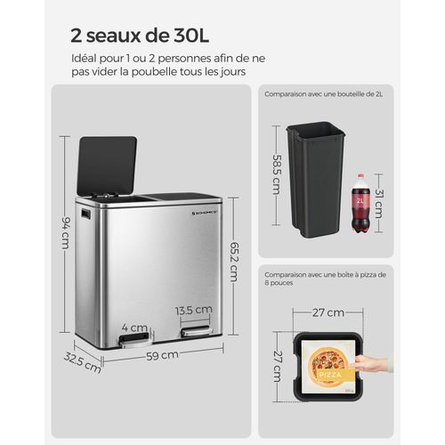 Poubelle 2 Pédales Poubelle Avec Double Compartiment 2 X 30 Litres Anti-traces