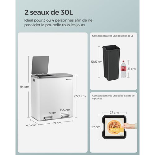 Poubelle 2 Pédales Poubelle Avec Double Compartiment 2 X 30 Litres Anti-traces