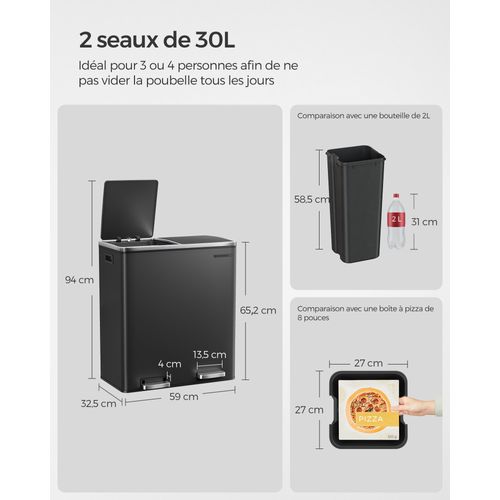 Poubelle 2 Pédales Poubelle Avec Double Compartiment 2 X 30 Litres Anti-traces De Doi