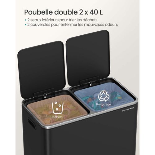 Poubelle à Double Compartiment 2 X 40 Litres Avec 15 Sacs Poubelles Pédales En Métal