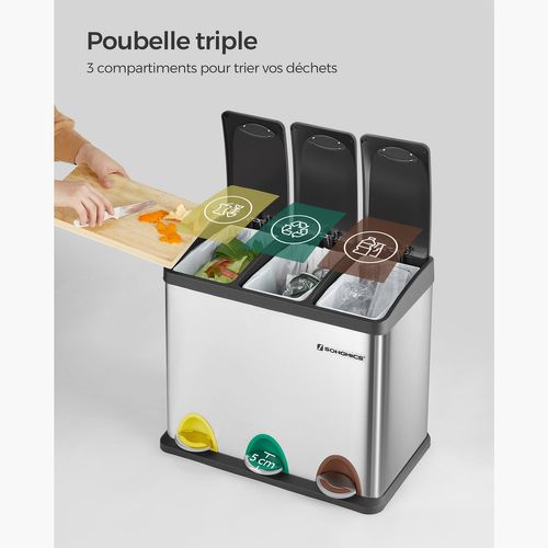 Poubelle De Cuisine Résistante Avec Pédales Et 3 Compartiments 46,5 X 29,5 X 40,5 Cm