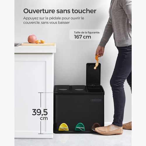 Poubelle De Cuisine Résistante Avec Pédales Et 3 Compartiments Tri Sélectif De Recycl