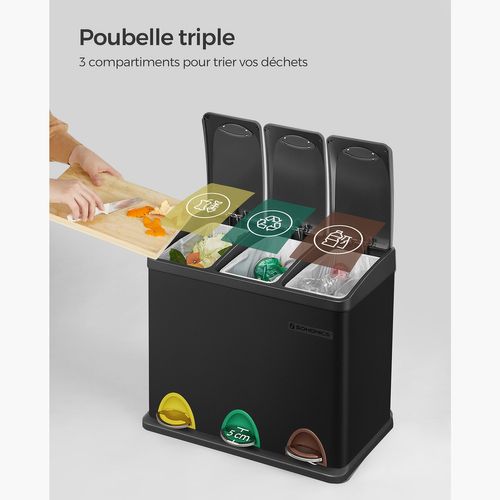 Poubelle De Cuisine Résistante Avec Pédales Et 3 Compartiments Tri Sélectif De Recycl