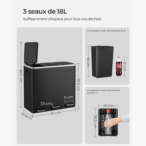 Poubelle De Recyclage Poubelle Triple Seau 3 X 18 Litres 3 Compartiments Mécanisme Ta