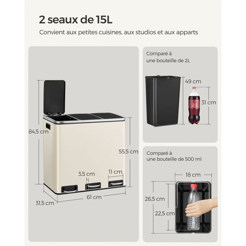 Poubelle De Recyclage Poubelle Triple Seau 3 X 18 Litres Compartiments Mécanisme Tamp