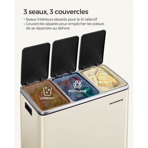 Poubelle De Recyclage Poubelle Triple Seau 3 X 18 Litres Compartiments Mécanisme Tamp
