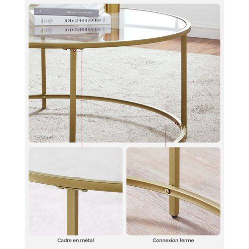 Table Basse Ronde Plateau En Verre Trempé 84 X 84 X 45,5 Cm Armature Métallique Dorée