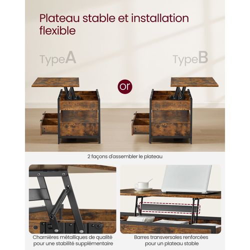 Table Basse Table De Salon 50 X 120 Avec Plateau Relevable Tiroirs De Rangement