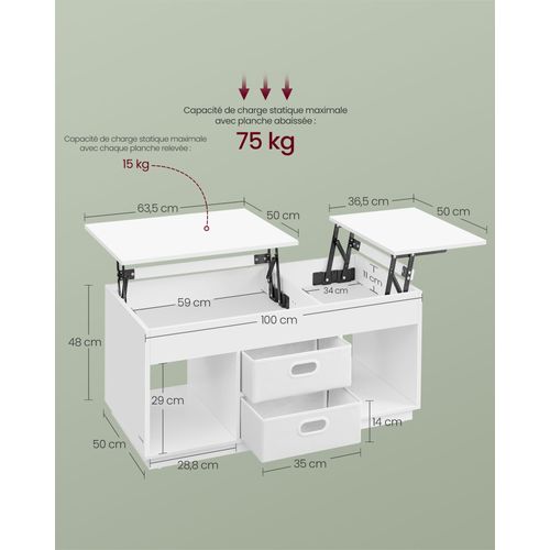 Table Basse Table De Salon Relevable Avec 2 Tiroirs Et Compartiments Cachés