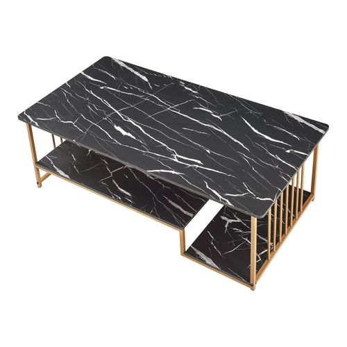 Table Basse Console D'appoint Acier Effet Marbre Noir Or 03_0010803