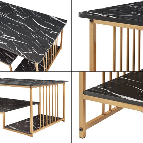 Table Basse Console D'appoint Acier Effet Marbre Noir Or 03_0010803